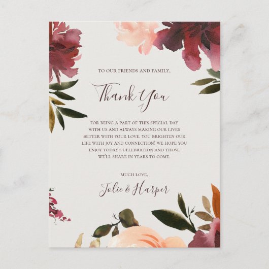 Burgundy Floral | Beige Hartelijk dank Briefkaart (Voorkant)