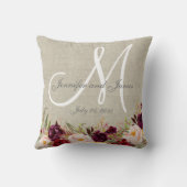 Burgundy Floral Beige Linen Monogram Weddenschap Kussen (Achterkant)