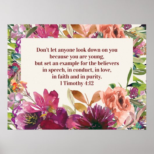 Burgundy Floral Bible Verse Timothy Youth Poster (Voorkant)
