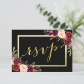 Burgundy Floral Black Gold Script Wedding RSVP (Debout devant)