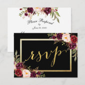Burgundy Floral Black Gold Script Wedding RSVP (Devant / Derrière)