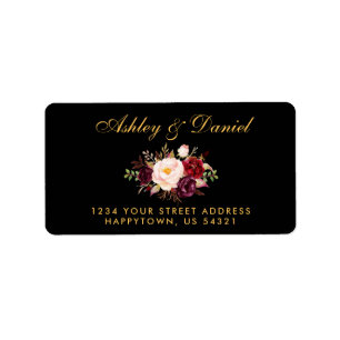 Burgundy Floral Black Gold Weduwingadres Etiket