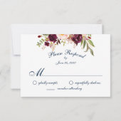 Burgundy Floral Bleu Or Script Mariage RSVP (Dos)