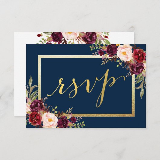 Burgundy Floral Bleu Or Script Mariage RSVP (Devant / Derrière)