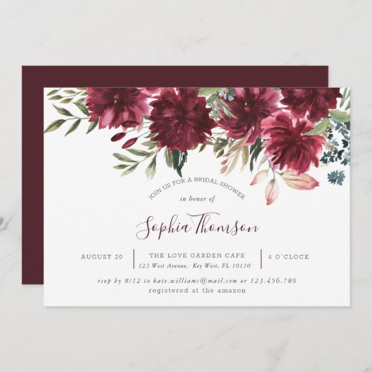 Burgundy Floral Bloom Vrijgezellenfeest Invite Bedankkaart (Voorkant / Achterkant)