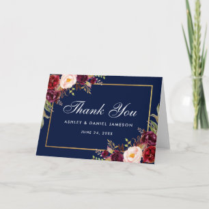 Burgundy Floral Blue Mariage Merci carte pliée