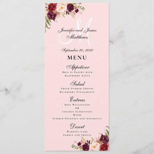 Burgundy Floral Blush Pink Script Monogram Weddens Menu (Voorkant)