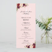 Burgundy Floral Blush Pink Script Monogram Weddens Menu (Staand voorkant)