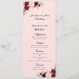 Burgundy Floral Blush Pink Script Monogram Weddens Menu