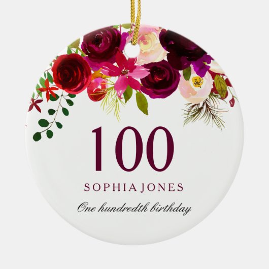 Burgundy Floral Boho 100th Birthday Gift Keramisch Ornament (Voorkant)