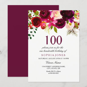 Burgundy Floral Boho 100th Birthday Party Invite Kaart