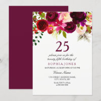 Burgundy Floral Boho 25th Birthday Party Invite