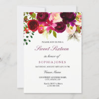 Burgundy Floral Boho Sweet Sixteen Uitnodiging