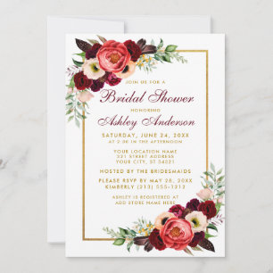 Burgundy Floral Boho Vrijgezellenfeest Gold Invite Kaart