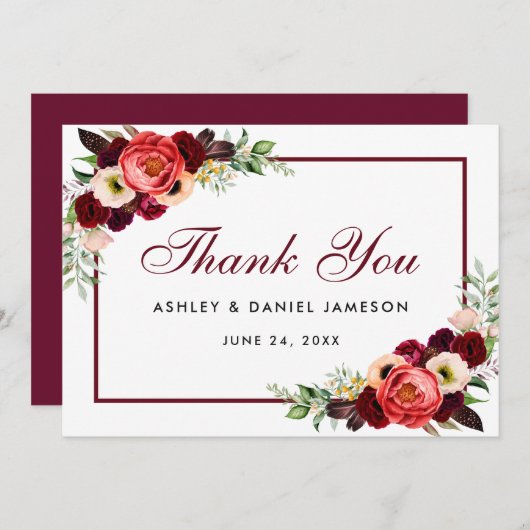 Burgundy Floral Boho Wedding Hartelijk dank Save The Date (Voorkant / Achterkant)