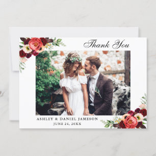 Burgundy Floral Boho Wedding Photo Bedankkaart