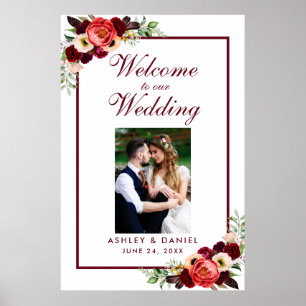 Burgundy Floral Boho Wedding Welkom Foto Poster