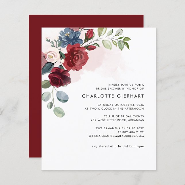 Burgundy Floral Botanical Bridal Shower Invitation (Voorkant / Achterkant)