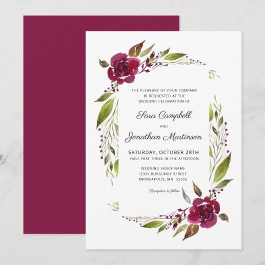 Burgundy Floral Botanical Wedding Kaart (Voorkant / Achterkant)