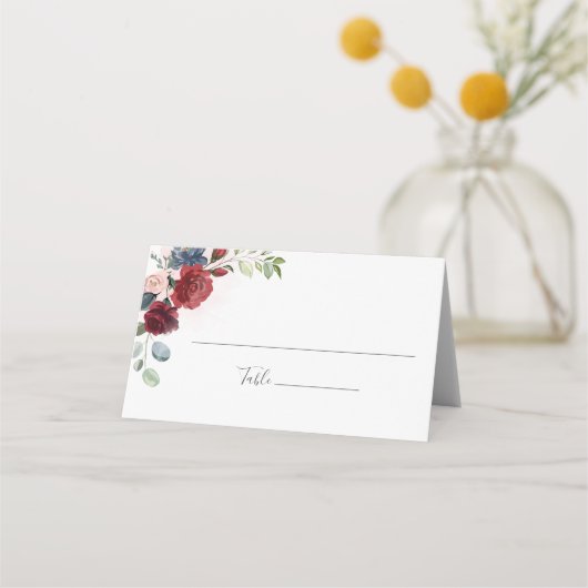 Burgundy Floral Botanical Wedding Place Card (Voorkant)