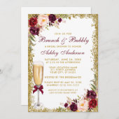 Burgundy Floral Bridal Brunch Bubble Gold Glitter Kaart (Voorkant / Achterkant)