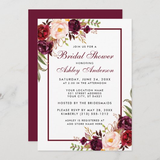 Burgundy Floral Bridal Shower Invitation B Kaart (Voorkant / Achterkant)