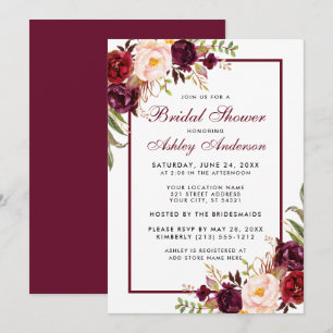 Burgundy Floral Bridal Shower Invitation B Kaart