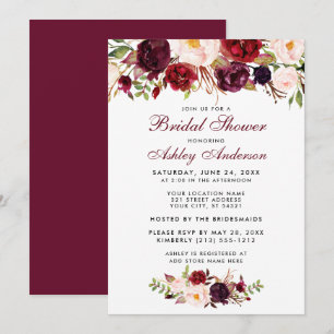 Burgundy Floral Bridal Shower Invitation BB Kaart