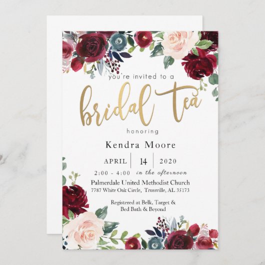 Burgundy Floral Bridal Tea Invitation Kaart (Voorkant / Achterkant)