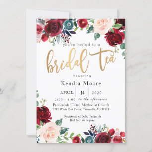 Burgundy Floral Bridal Tea Invitation Kaart