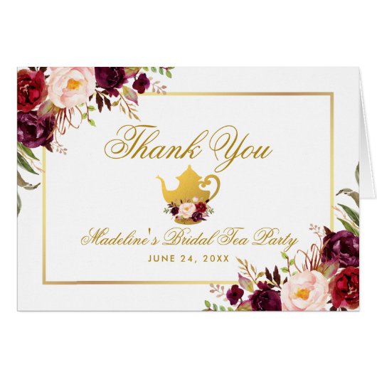 Burgundy Floral Bridal Tea Party Bedankt Note (Voorkant Horizontaal)