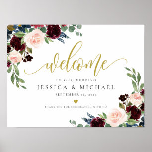Burgundy Floral calligraphy Wedding Welcome Sign Poster