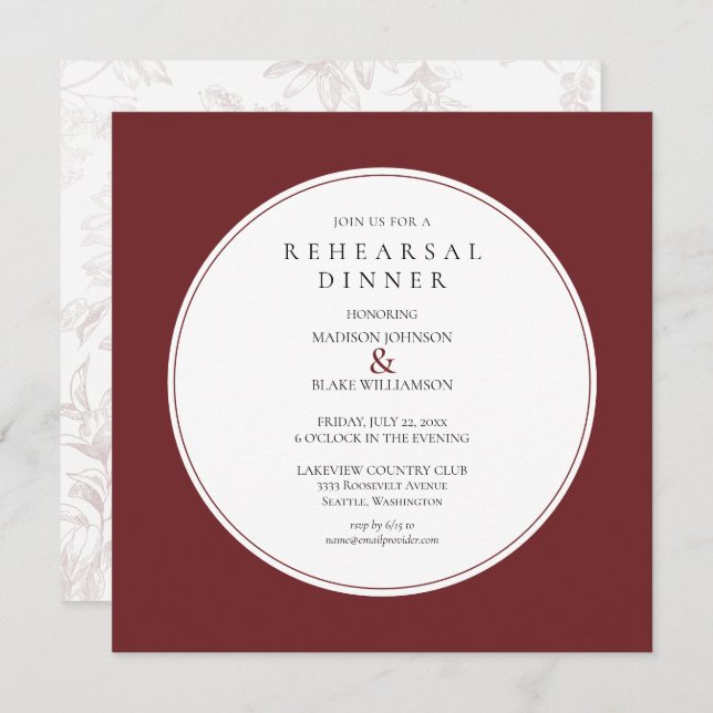 Burgundy Floral Chic Rehearsal Dinner Invitation (Voorkant / Achterkant)