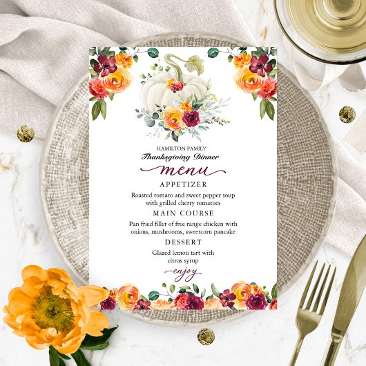 Burgundy Floral Citrouille Thanksgiving Diner Menu