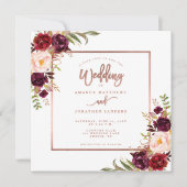 Burgundy Floral Copper Roos Gold Script Weduwschap Kaart (Voorkant)