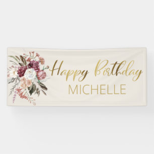Burgundy Floral Cream Gold Happy Birthday Spandoek