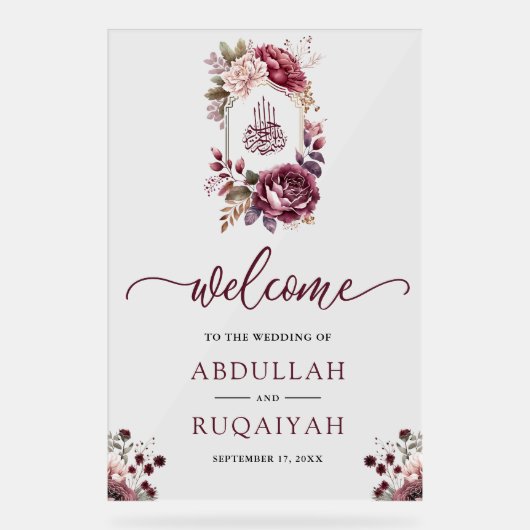 Burgundy Floral Crest Muslim Wedding Welcome Acryl Bord (Voorkant)
