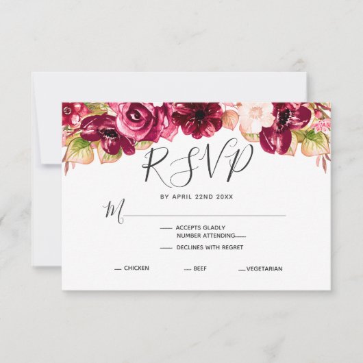Burgundy Floral Drop Mariage Meal Choice RSVP (Devant)