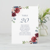 Burgundy Floral Dusty Blue Wedding Table Number 20 Kaart (Staand voorkant)