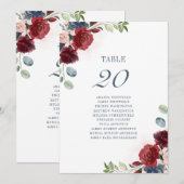 Burgundy Floral Dusty Blue Wedding Table Number 20 Kaart (Voorkant / Achterkant)