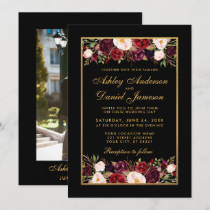 Burgundy Floral Elegant Black Gold Photo Weduwen Kaart