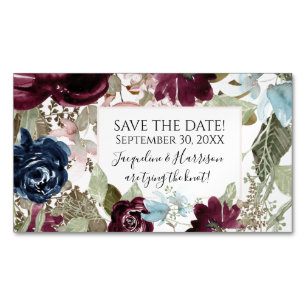 Burgundy Floral Elegant Navy Blush Save the Date Magnetisch Visitekaartje