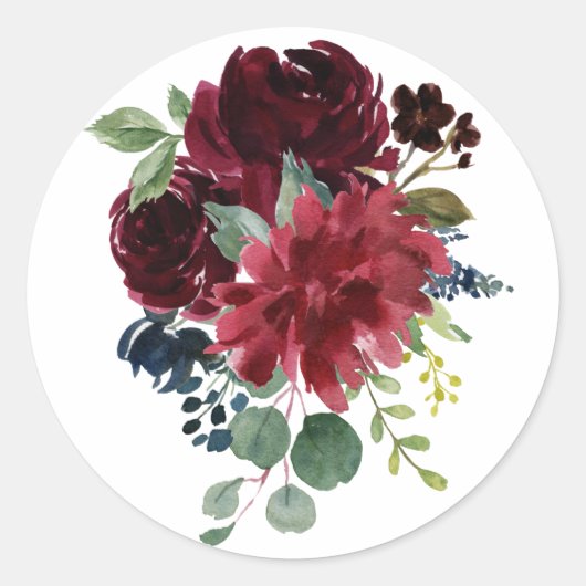 Burgundy Floral Elegant Waterverf Modern Ronde Sticker (Voorkant)