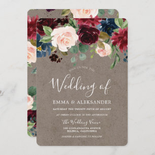 Burgundy Floral Elegant Wedding Invite Kaart