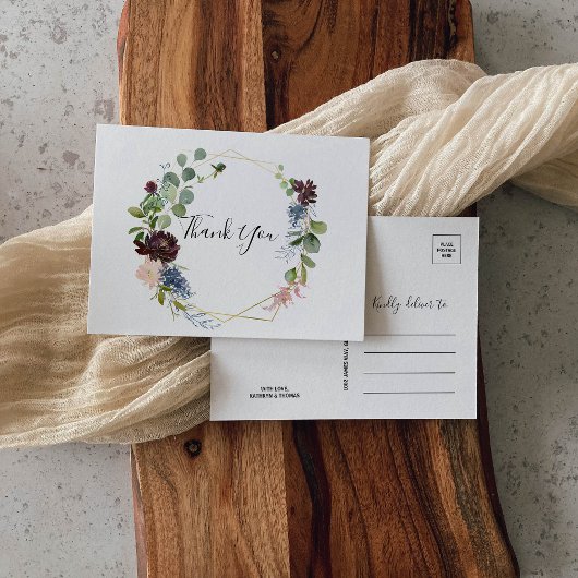 Burgundy Floral en Greenery Dank u Briefkaart