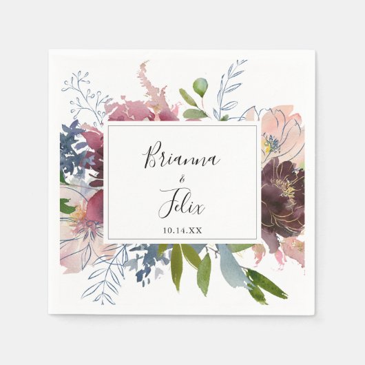 Burgundy Floral en Greenery Wedding Napkin Servet (Voorkant)