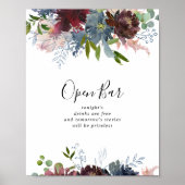 Burgundy Floral en Greenery Wedding Open Bar Poster (Voorkant)