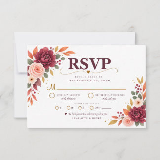 Burgundy Floral Fall Wedding RSVP Card
