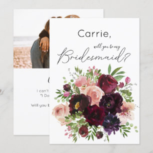 Burgundy Floral & Foto word jij mijn Bridesmaid? Kaart