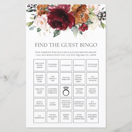 Burgundy Floral Fun Bridal vind de Gast Bingo (Voorkant)